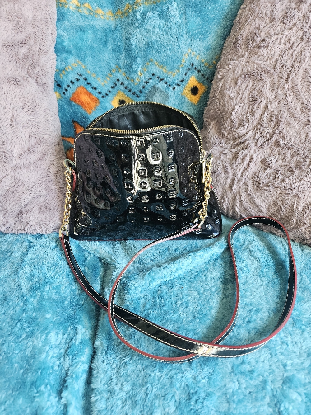 Arcadia Black Patent Croc-Embossed Crossbody with Gold Chain